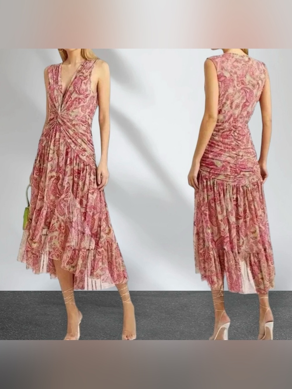MISA Los Angeles Dress Size M Paisley Mesh Midi Pink Green Ruched Layered Whimsy